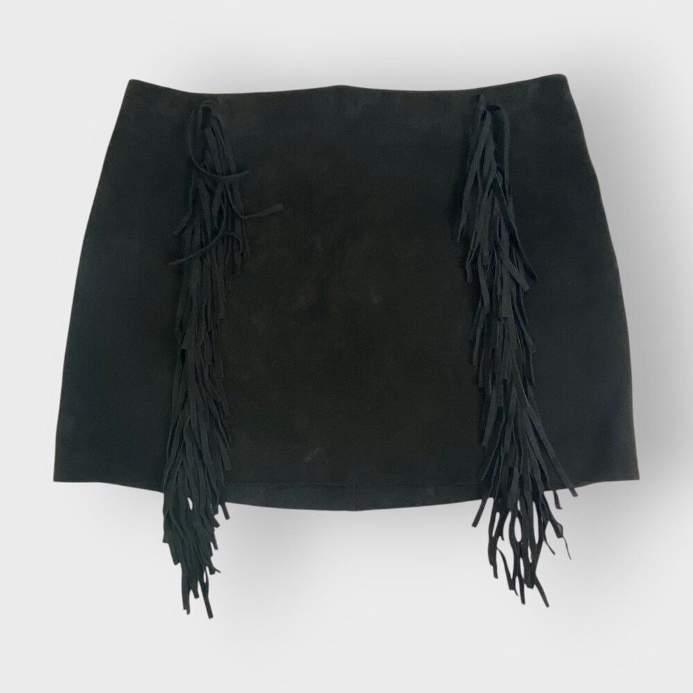Urban Outfitters Fringe Leather Suede Skirt | 4 | Black | Festival Rodeo Western